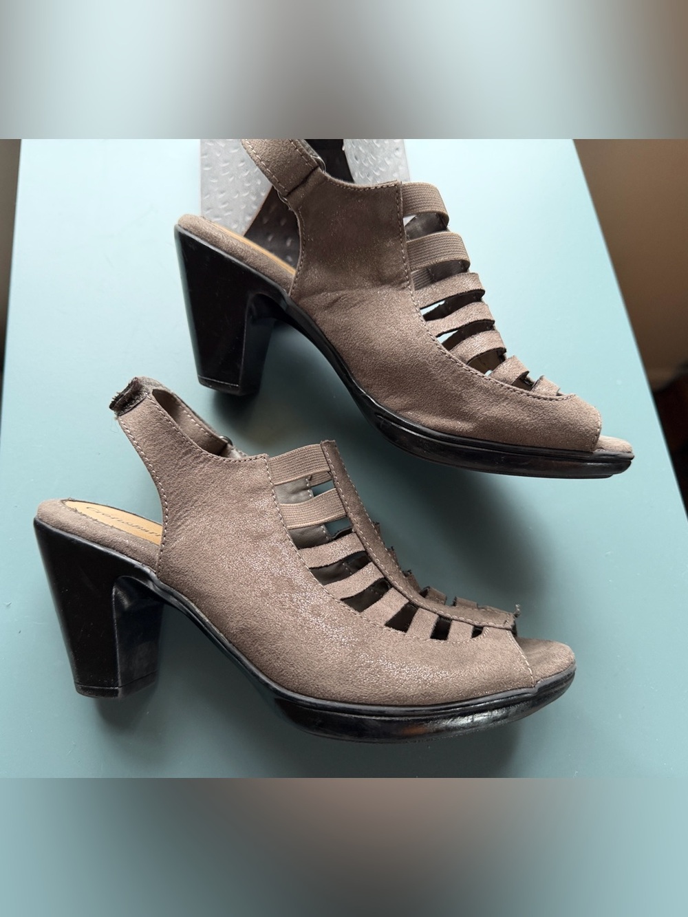 croft & barrow Shay pewter metallic  Cutout Suede 3” Block Heel Sandals